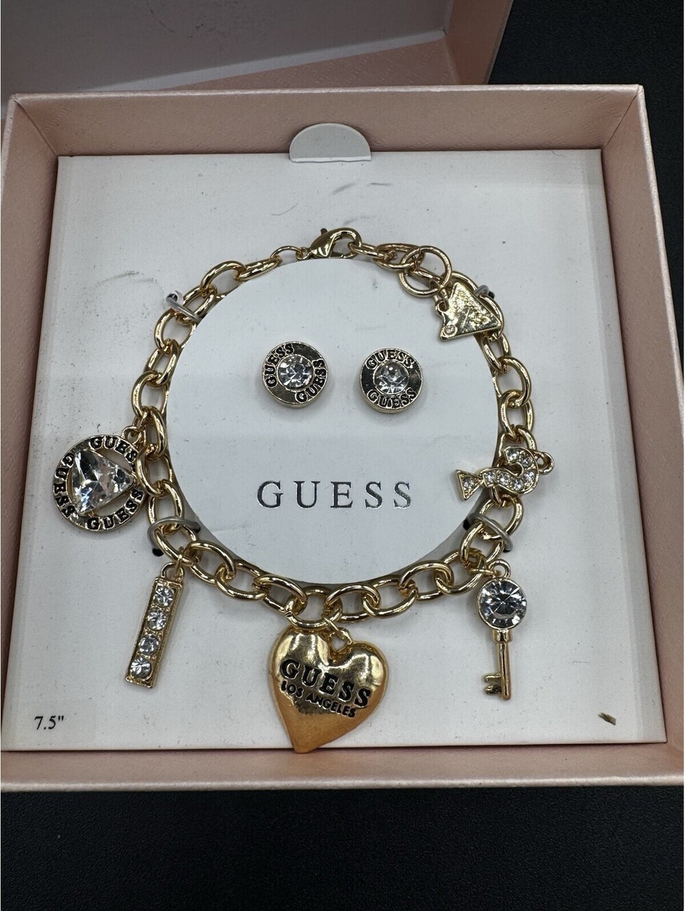 GUESS Gold Tone Charm Bracelet & Stud Earrings Set Rhinestone Heart Key NIB